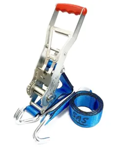 Zurrgurt Sonderanfertigung LC 2500/5000 daN, Bandbreite 50 mm, mit Langhebelzugratsche, mit Spitzhaken doppelt