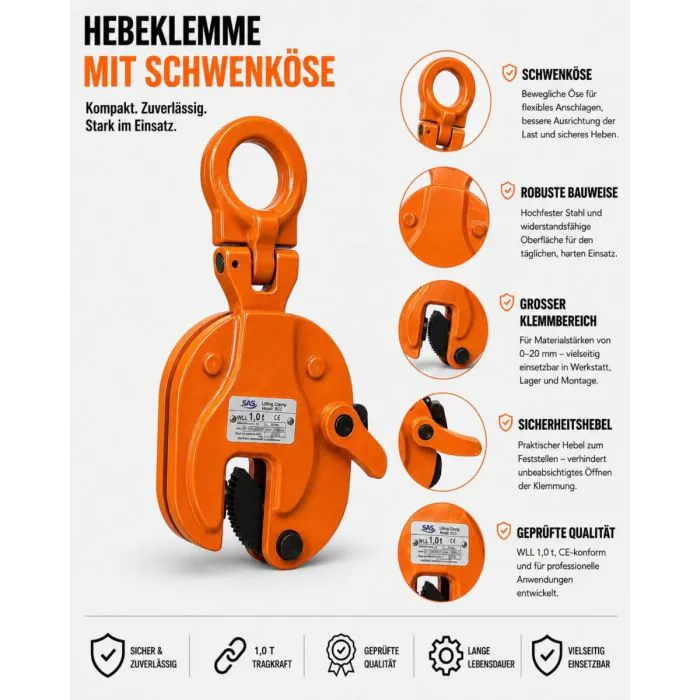 Produktbild von Vertikale Hebeklemme 2t Mit Schwenköse – Blechgreifer Für Stahlbleche, Klemmbereich 0–25 Mm, Geprüft CE